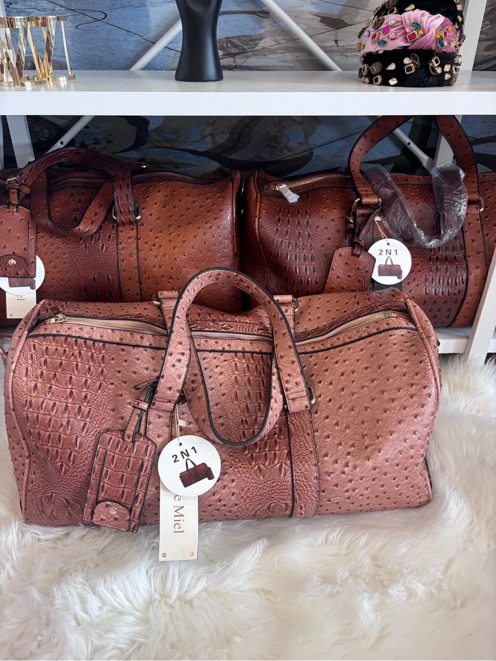 Vegan Ostrich Leather 2 in 1 Duffle Bag
